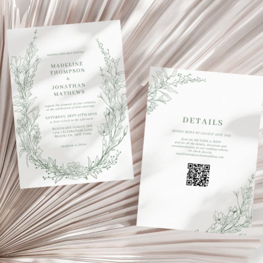 Elegante Sage Green Bloemenkrans QR Code Huwelijk Kaart