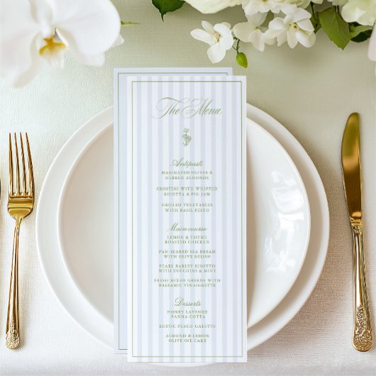 Elegante Sage Green & Blue Striped Wedding Menu
