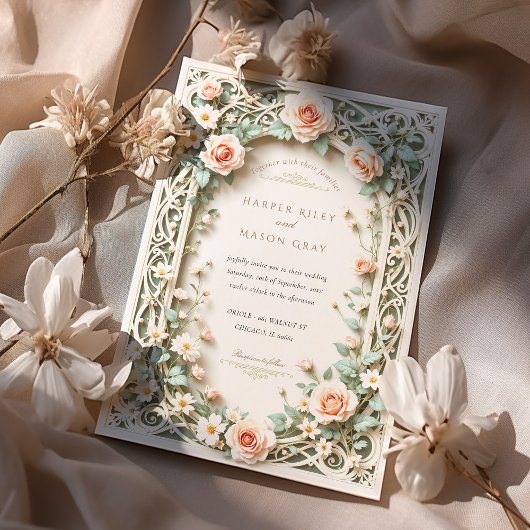 Elegante Sage Green Blush Roos huwelijksuitnodigin Kaart