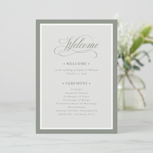 Elegante Sage Green Border | Luxe bruiloft welkom Programmakaart (Staand voorkant)
