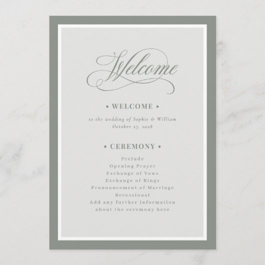 Elegante Sage Green Border | Luxe bruiloft welkom Programmakaart (Voorkant)