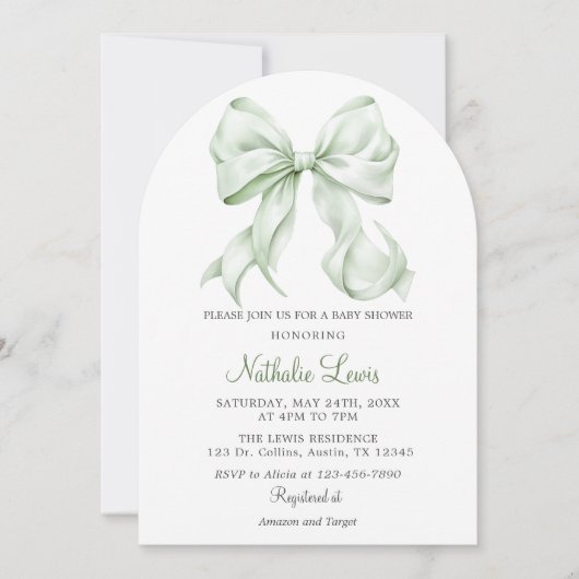 Elegante Sage Green Bow Baby shower Genderneutraal Kaart (Voorkant)