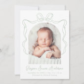 Elegante Sage Green  Bow Foto Geboorte Aankondiging (Voorkant)