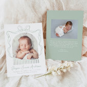 Elegante Sage Green  Bow Foto Geboorte Aankondiging