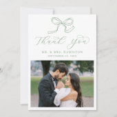 Elegante Sage Green Bow Fotobruiloft Bedankkaart (Voorkant)
