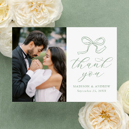 Elegante Sage Green Bow Fotobruiloft Bedankkaart