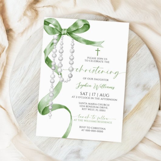 Elegante Sage Green Bow & Rozenkrans Doop Kaart