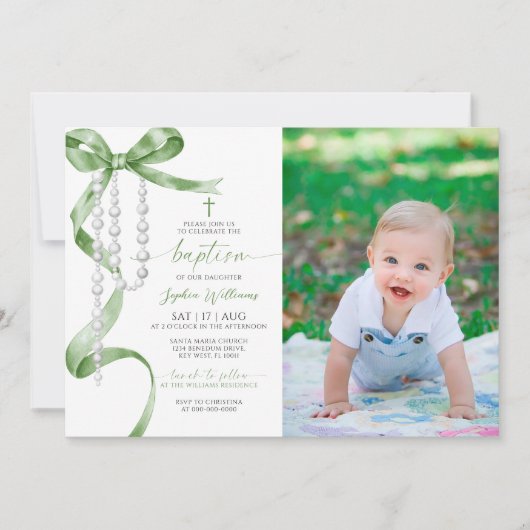 Elegante Sage Green Bow & Rozenkrans Fotodoop Kaart (Voorkant)