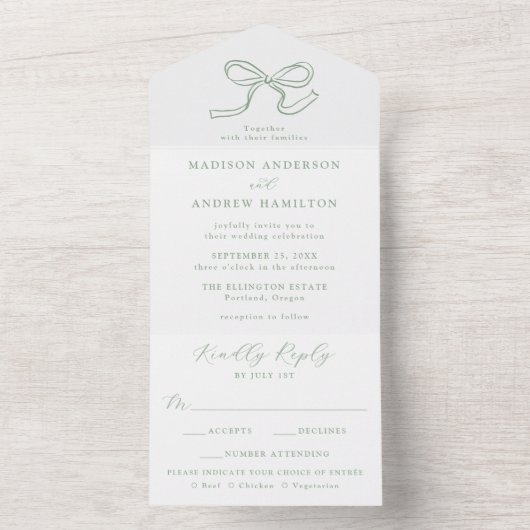 Elegante Sage Green Bow Wedding All In One Uitnodiging (Binnen)