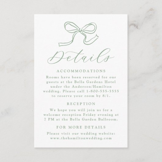 Elegante Sage Green Bow Wedding Details Informatiekaartje (Voorkant)