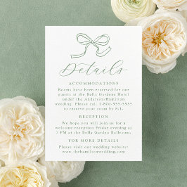 Elegante Sage Green Bow Wedding Details Informatiekaartje