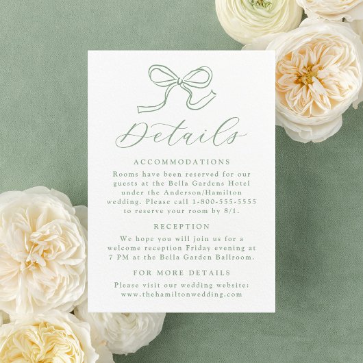 Elegante Sage Green Bow Wedding Details Informatiekaartje