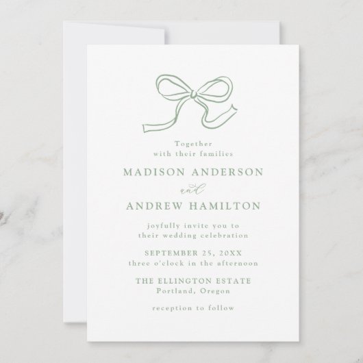 Elegante Sage Green Bow Wedding Kaart (Voorkant)