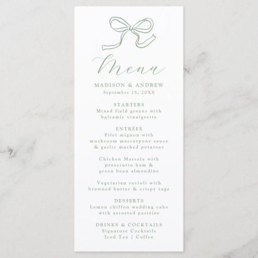 Elegante Sage Green Bow Wedding Menu (Voorkant)