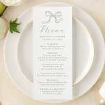 Elegante Sage Green Bow Wedding Menu<br><div class="desc">Voeg een fris en organisch gevoel toe aan uw tafelinstellingen met dit zachte salie groene huwelijksmenu. Een handgetekende boog bekroont de bovenkant, gecombineerd met "Menu" in verfijnde kalligrafie. Met ruimte om uw namen, de datum en uw bruiloft menu selecties op te nemen, dit ontwerp past bij natuur-geïnspireerde, botanische, outdoor of...</div>