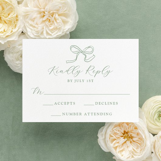 Elegante Sage Green Bow Wedding RSVP Kaartje