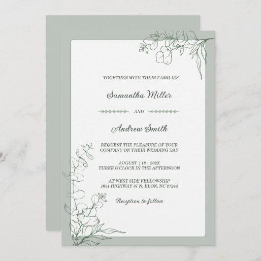 Elegante Sage Green bruiloft Kaart (Voorkant / Achterkant)
