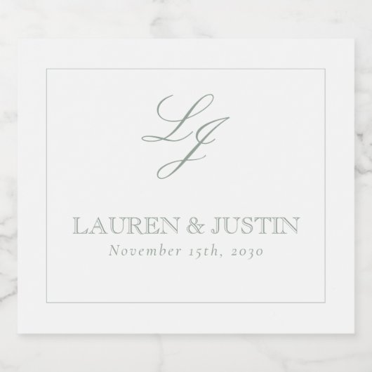 Elegante Sage Green Classic Monogram Script Weddin Sparkling Wijnetiket (Enkel label)