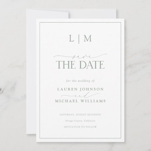 Elegante Sage Green Classy Monogram Fotobruiloft Save The Date (Voorkant)