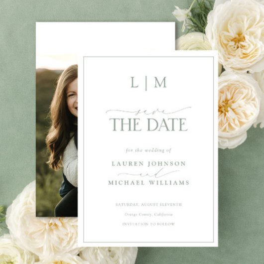Elegante Sage Green Classy Monogram Fotobruiloft Save The Date