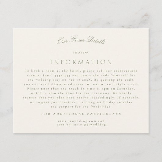 Elegante Sage Green Cream Script Wedding Details Informatiekaartje (Voorkant)