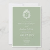 Elegante Sage Green Crest Monogram Huwelijk Kaart (Voorkant)