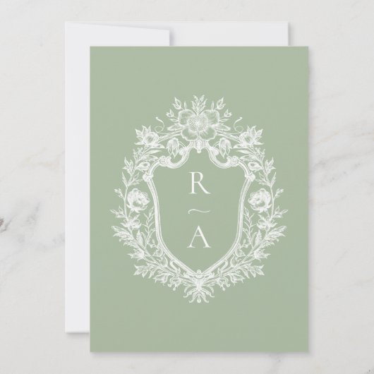 Elegante Sage Green Crest Monogram Huwelijk Kaart (Achterkant)