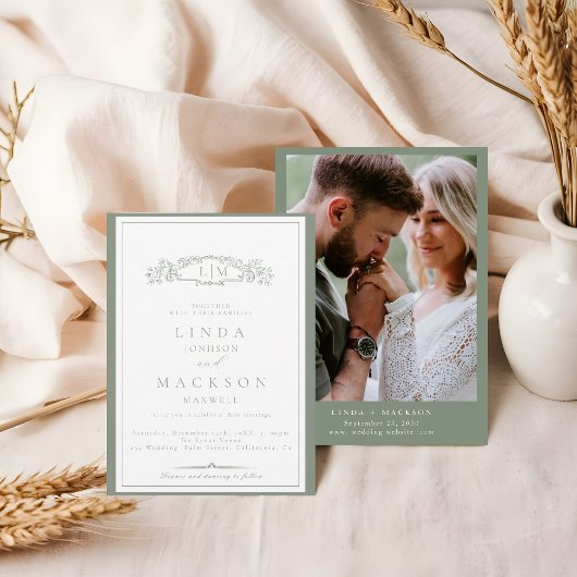 Elegante Sage Green Crest Monogram Huwelijk Kaart