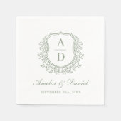 Elegante Sage Green Crest Monogram Huwelijk Servet (Voorkant)