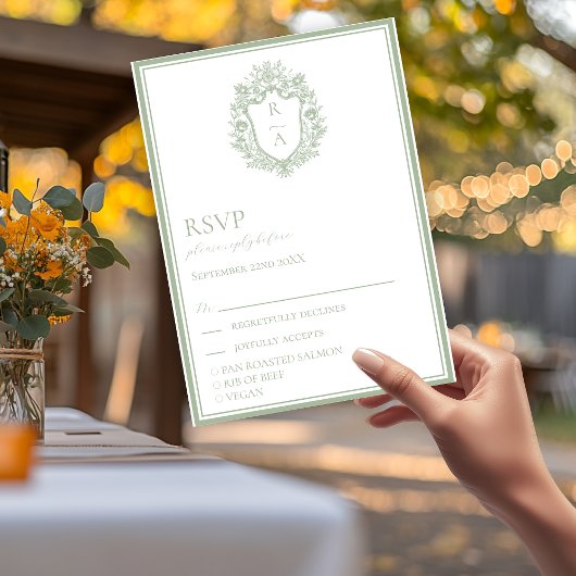 Elegante Sage Green Crest Wedding Food Choice RSVP