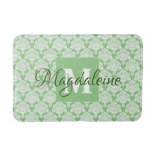 Elegante Sage Green Damask Kant Monogram & Naam Badmat