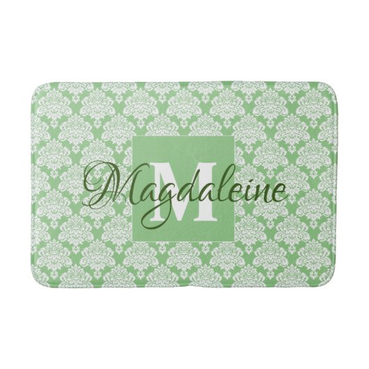 Elegante Sage Green Damask Kant Monogram & Naam Badmat (Voorkant)