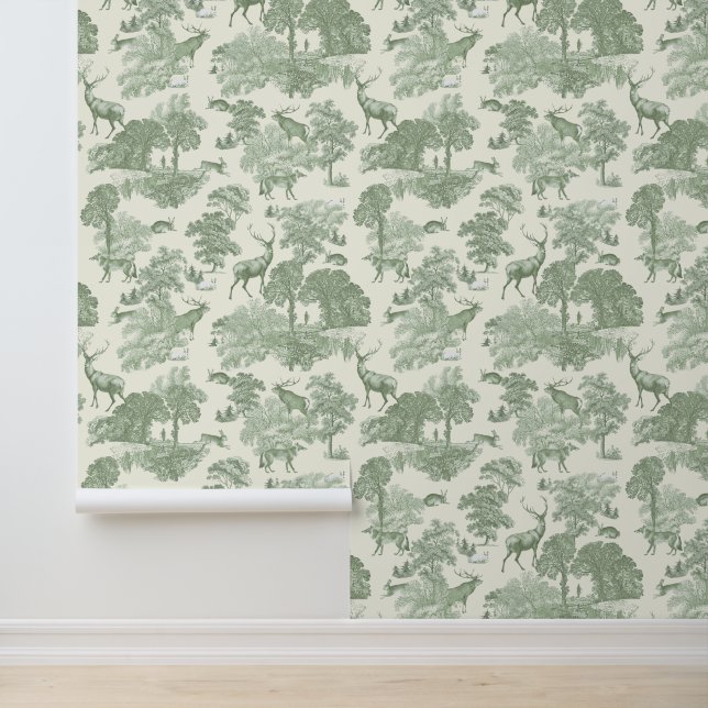 Elegante  Sage Green Deer Woodland Toile Behang (Applicatie)