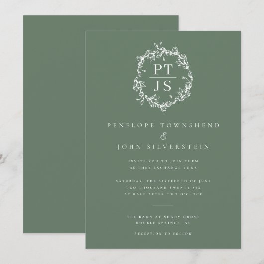 Elegante Sage Green Double Monogram bruiloft Kaart (Voorkant / Achterkant)