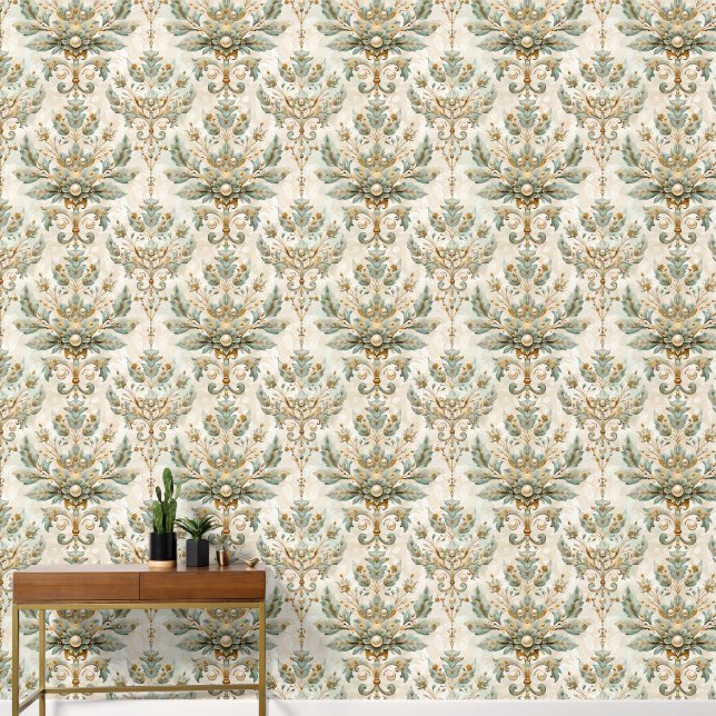 Elegante  Sage Green en CreamDamask Behang (Hal)