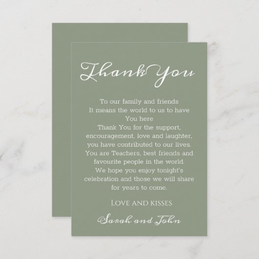Elegante Sage Green en White Script Wedding Bedankkaart (Voorkant / Achterkant)