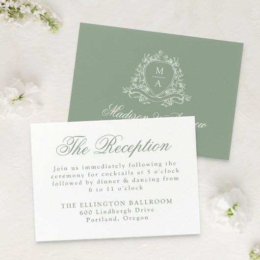 Elegante Sage Green Floral Crest bruiloft receptie Informatiekaartje