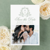Elegante Sage Green Floral Crest foto bruiloft Save The Date