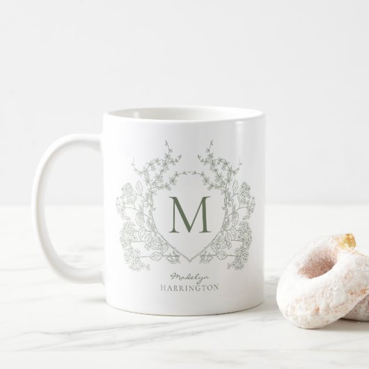 Elegante  Sage Green Floral Crest Monogram Koffiemok (Met donut)