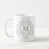 Elegante  Sage Green Floral Crest Monogram Koffiemok (Links)