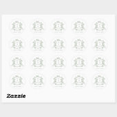 Elegante Sage Green Floral Crest Monograms Huwelij Ronde Sticker (Vel)