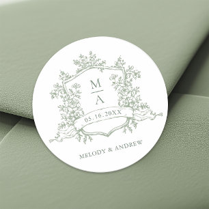 Elegante Sage Green Floral Crest Monograms Huwelij Ronde Sticker