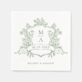 Elegante Sage Green Floral Crest Monograms Huwelij Servet (Voorkant)
