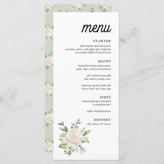 Elegante Sage Green Floral Peony Dinner Menu (Voorkant / Achterkant)