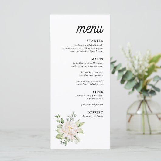 Elegante Sage Green Floral Peony Dinner Menu (Staand voorkant)
