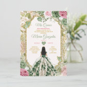 Elegante Sage Green Floral Princess Gold Mis Quinc Kaart (Staand voorkant)
