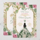 Elegante Sage Green Floral Princess Gold Mis Quinc Kaart (Voorkant / Achterkant)
