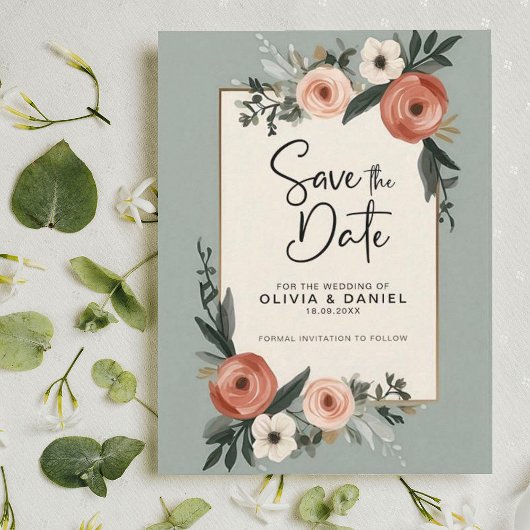 Elegante Sage Green Foliage Wedding Save the Date Kaart