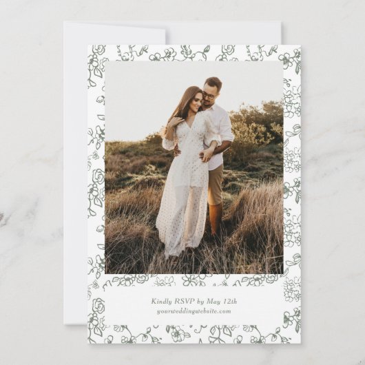 Elegante Sage Green Foto Victoriaans bruiloft Kaart (Achterkant)