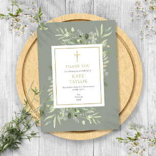 Elegante Sage Green Funeral Memorial Gold Cross Bedankkaart